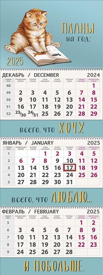 0607,252 - Планы на год 2025 Квартальный трехблочный календарь