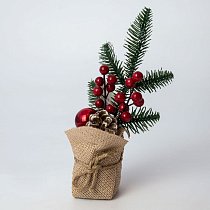 Декор новогодний мешочек с веткой,  шишкой и ягодами 20 см