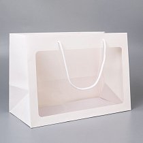Сумка-кашпо картон с ручками 35х18см,  H=25см,  с окном,  белая