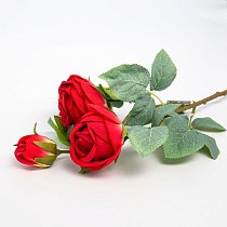 Ветка розы,  50см,  2 цветка,  1 бутон,  кругл. лепестки,  красная