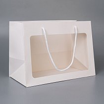 Сумка-кашпо картон с ручками 30х16см,  H=20см,  с окном,  белая