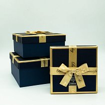 Набор коробок 3в1 квадрат 19х19х9,5 / 17х17х8 / 15х15х6,5см,  с бантом,  синий с золотом