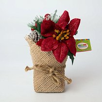 Декор новогодний мешочек с веткой,  цветком,  шишкой и ягодами 14 см