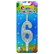 Свеча тортовая цифра Серебряная узорная "6" 12,5 см
